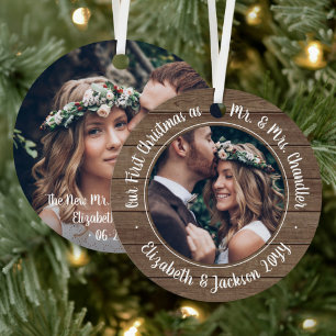 2 Foto Mr & Mrs 1. Weihnachten Rustikales Faux-Hol Ornament Aus Metall