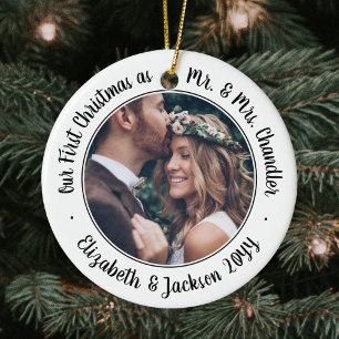 2 Foto Mr & Mrs 1. Weihnachten Skript Schwarz Weiß Keramik Ornament