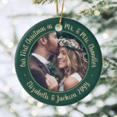 2 Foto Mr. & Mrs. 1. Weihnachtsschrift Green & Gol Keramik Ornament