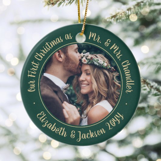 2 Foto Mr. & Mrs. 1. Weihnachtsschrift Green & Gol Keramik Ornament