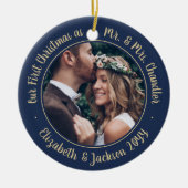 2 Foto Mr & Mrs. 1. Weihnachtsskript Navy & Gold Keramik Ornament (Vorne)
