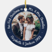 2 Foto Mr. & Mrs. 1. Weihnachtsskript Navy & White Keramik Ornament (Hinten)