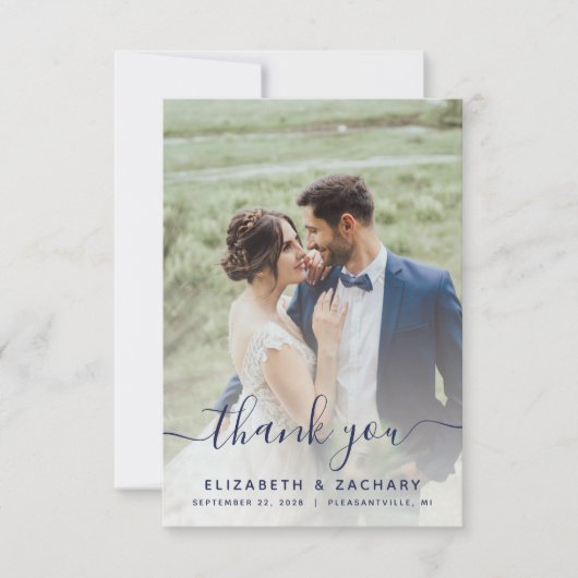 2-Foto Navy Blue Script Hochzeit Dankeskarte (Vorderseite)