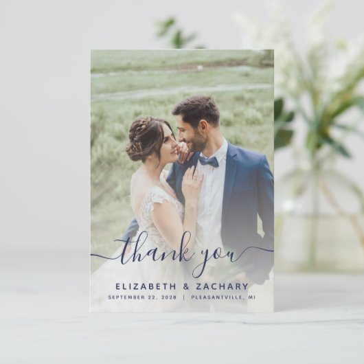 2-Foto Navy Blue Script Hochzeit Dankeskarte (Stehend Vorderseite)