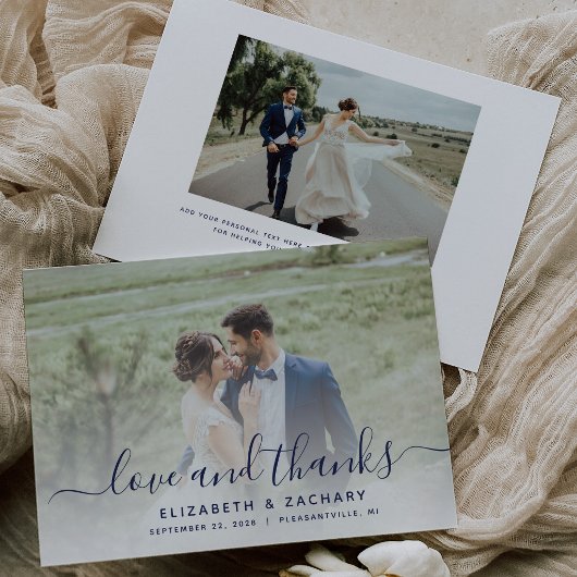 2-Foto Navy Blue Script Hochzeit Dankeskarte