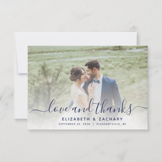 2-Foto Navy Blue Script Hochzeit Dankeskarte (Vorderseite)