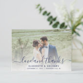 2-Foto Navy Blue Script Hochzeit Dankeskarte (Stehend Vorderseite)