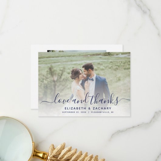 2-Foto Navy Blue Script Hochzeit Dankeskarte (Vorderseite/Rückseite Beispiel)
