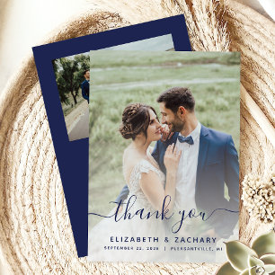 2-Foto-Navyblau-Script-Hochzeit Dankeskarte