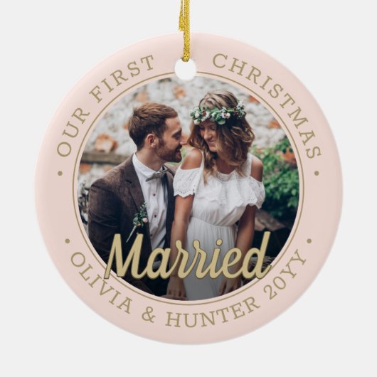 2 Foto Neuauflage 1. Weihnachten Verheiratet Blush Keramik Ornament (Hinten)