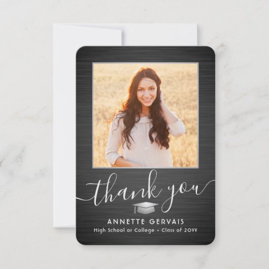 2 Foto Neue Adresse gebürsteter schwarzer Abschlus Dankeskarte (Vorderseite)