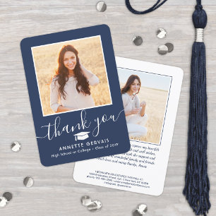 2 Foto New Address Navy Blue and White Abschluss Dankeskarte