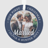 2 Foto Newlywings 1. Weihnachten Verheiratete Navy Ornament (Rückseite)