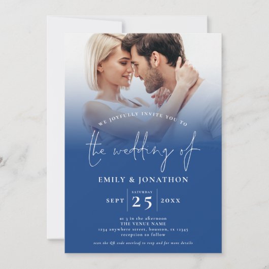 2 Foto Overlay Script QR Blue Wedding Einladung (Vorderseite)