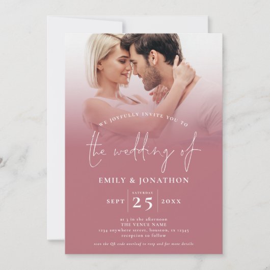 2 Foto Overlay Script QR Code Rose Gold Wedding Einladung (Vorderseite)
