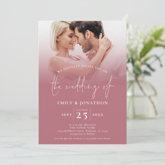 2 Foto Overlay Script QR Code Rose Gold Wedding Einladung (Stehend Vorderseite)