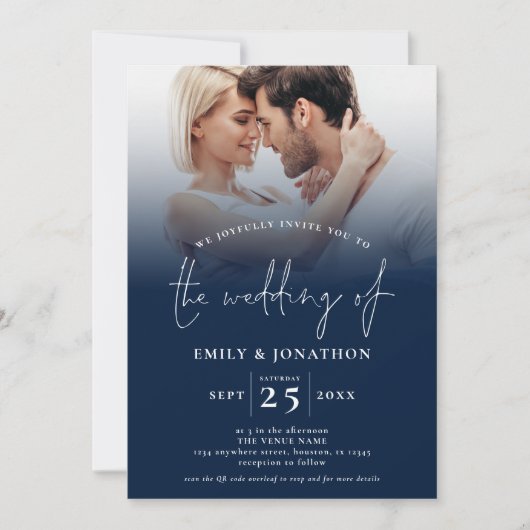 2 Foto Overlay Script QR Navy White Wedding Einladung (Vorderseite)