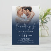2 Foto Overlay Script QR Navy White Wedding Einladung (Stehend Vorderseite)