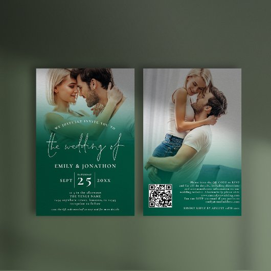 2 Foto Overlay Script QR Smarald Green Wedding Einladung