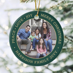 2 Foto Peace Liebe Freude am Weihnachtsgrün Gold Keramik Ornament