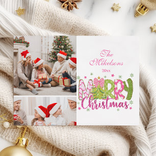 2 Foto Pink Grüner Schleifen Baum Frohe Weihnachte Feiertagskarte