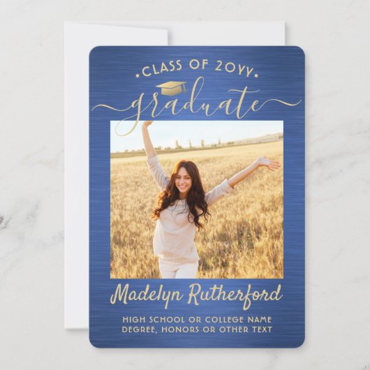 2 Foto Pinsel Blue Gold Script Moderner Abschluss Ankündigung (Vorderseite)