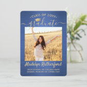 2 Foto Pinsel Blue Gold Script Moderner Abschluss Ankündigung (Stehend Vorderseite)