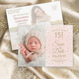 2 Foto Quinceanera Blush Pink Gold Save the Date Einladungspostkarte