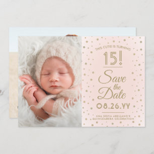 2 Foto Quinceanera Chic Blush Pink Gold Glitzer Save The Date