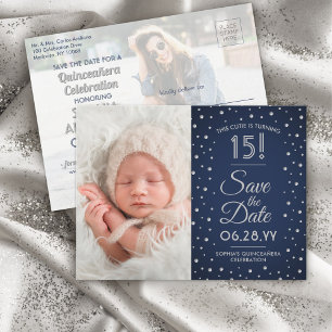 2 Foto Quinceanera Chic Navy Blau Save the Date Einladungspostkarte