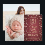 2 Foto Quinceanera Elegantes Burgund Gold Glitzer Save The Date<br><div class="desc">Die Zeit fliegt! Mit dieser stilvollen 2-Foto-Bordeaux und Gold 3.5"x5"-Save the Date Einladung laden Sie Familie und Freunde zu einem eleganten Quinceañera-Fest ein. (IMAGE PLACEMENT TIP: Eine einfache Möglichkeit, ein Foto genau so zu zentrieren, wie Sie es gewollt haben, ist es, es einzuschneiden, bevor Sie es auf die Zazzle-Website hochladen.)...</div>