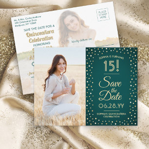 2 Foto Quinceanera Green und Gold Save the Date Einladungspostkarte