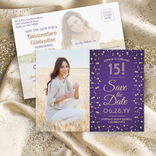 2 Foto Quinceanera Lila und Gold Save the Date Einladungspostkarte