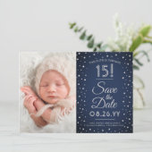 2 Foto Quinceanera Navy Blue Confetti Sparkle Save The Date (Stehend Vorderseite)