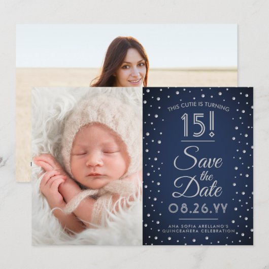 2 Foto Quinceanera Navy Blue Confetti Sparkle Save The Date (Vorne/Hinten)