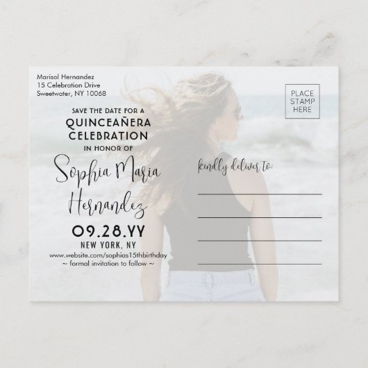 2 Foto Quinceañera Trendy Script Save the Date Ankündigungspostkarte (Rückseite)