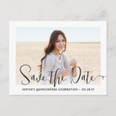 2 Foto Quinceañera Trendy Script Save the Date Ankündigungspostkarte (Vorderseite)