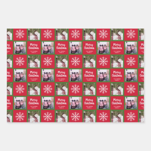 2 Foto - Red Green Frohe Weihnachtsschneeflocken Geschenkpapier Set (Vorderseite 3)