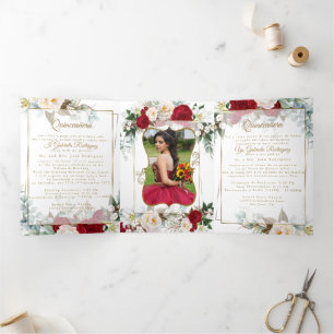 2 Foto Red Peony Mis Quince Años Tri-Fold Einladun Dreifach Gefaltete Einladung