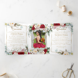 2 Foto Red Peony Mis Quince Años Tri-Fold Einladun Dreifach Gefaltete Einladung