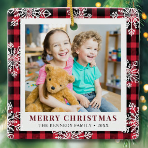  2 Foto Rot Kariert Schneeflocken Frohe Weihnachte Keramikornament