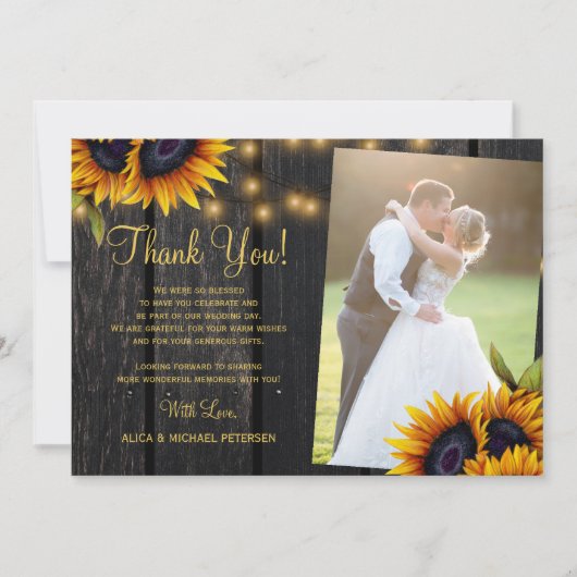 2 Foto rustikale Sonnenblumen Stallenholz Hochzeit Dankeskarte (Vorderseite)