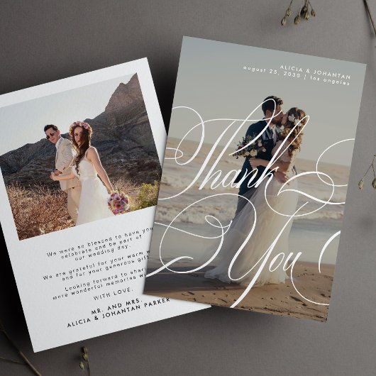 2 Foto schlichte Kalligrafieschrift Hochzeit Dankeskarte