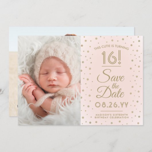 2 Foto Sweet 16 Birthday Blush Gold Save the Date (Vorne/Hinten)