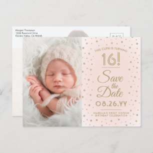 2 Foto Sweet 16 Birthday Blush Gold Save the Date Einladungspostkarte