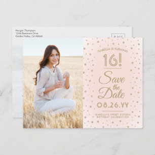 2 Foto Sweet 16 Birthday Save the Date Blush Gold Einladungspostkarte