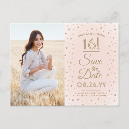 2 Foto Sweet 16 Birthday Save the Date Blush Gold Einladungspostkarte (Vorderseite)