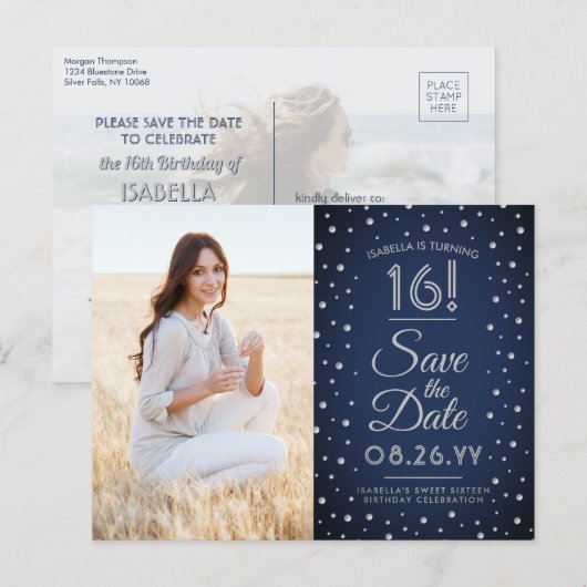 2 Foto Sweet 16 Birthday Save the Date Navy Blue Einladungspostkarte (Vorne/Hinten)