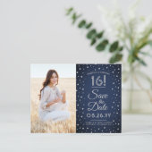 2 Foto Sweet 16 Birthday Save the Date Navy Blue Einladungspostkarte (Stehend Vorderseite)