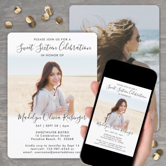 2 Foto Sweet 16 Chic Modernes, elegantes Script Einladung